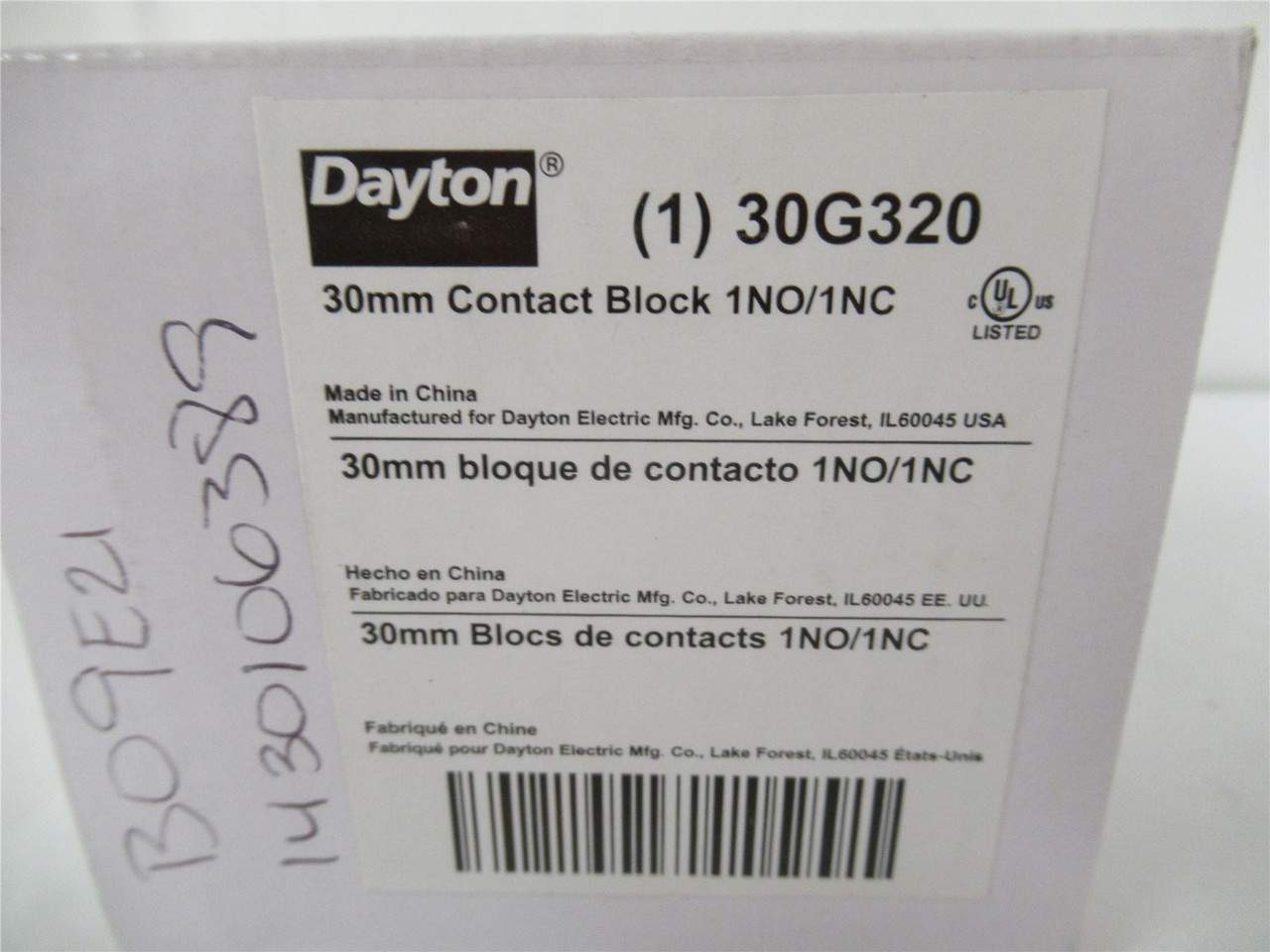 Dayton 30G320; Contact Block 1NO/1NC 30mm 10A 600Vac