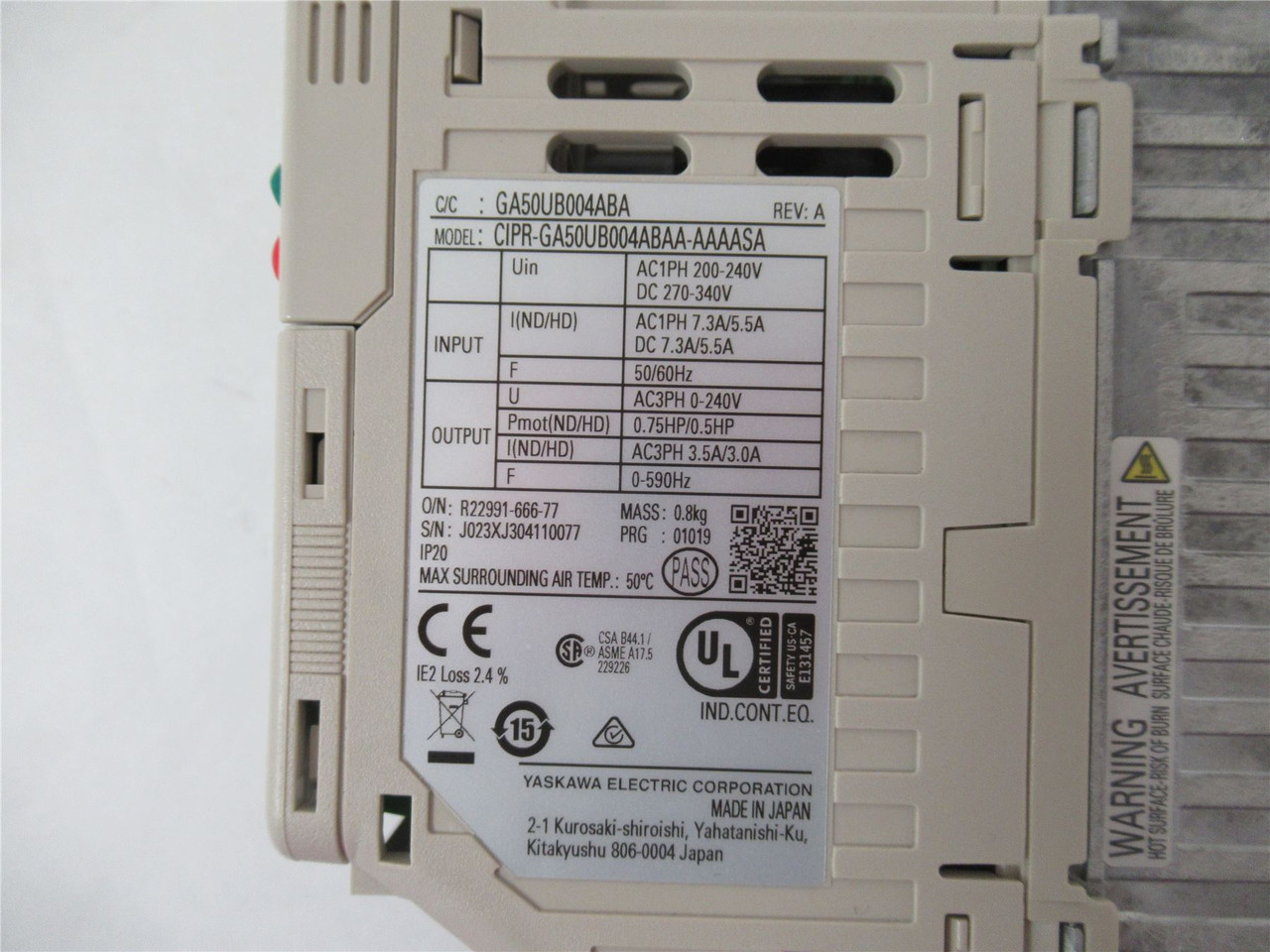 Yaskawa CIPR-GA50UB004ABAA-AAAASA; AC Drive 3/4HP 240V IN-1ph
