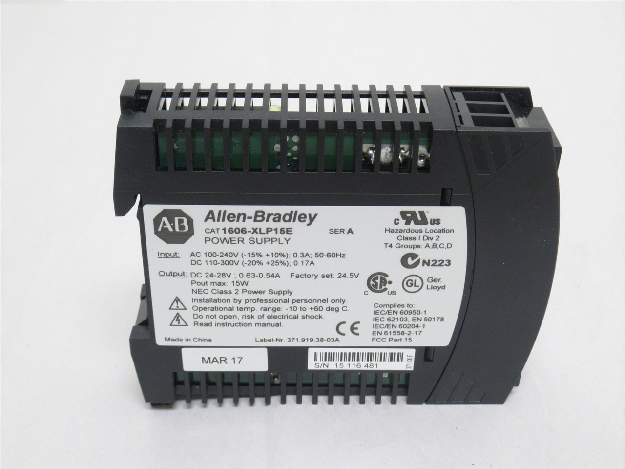 Allen-Bradley 1606-XLP15E; Power Supply; 100-240VAC; 0.3A In