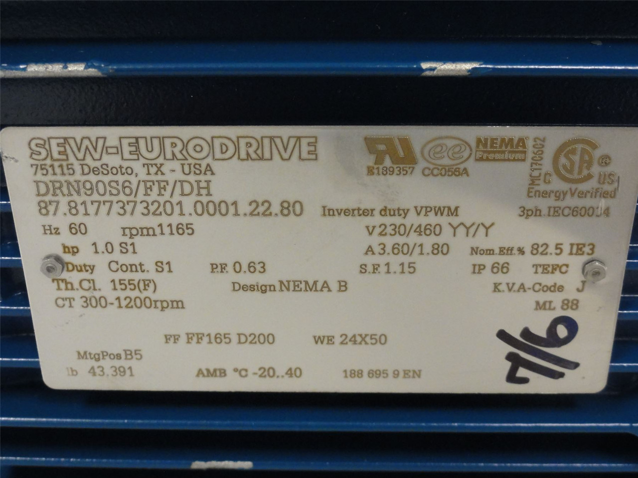 SEW DRN90S6/FF/DH; Motor; 1HP 230/460V 1165RPM 3Ph 3.60/1.80A