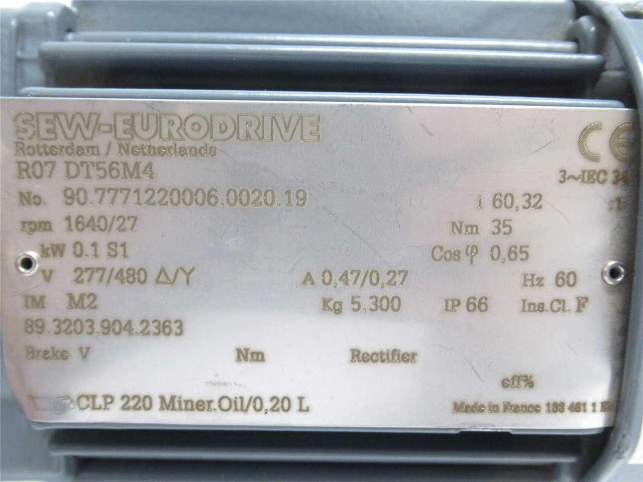 SEW R07 DT56M4; AC Gearmotor 60:1 Ratio 0.1kW; 277/480V; 60Hz