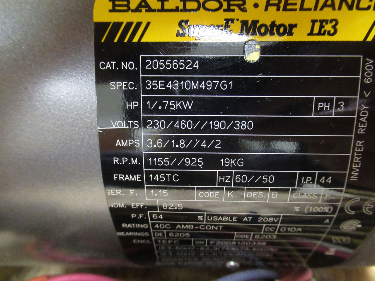 Baldor 20556524; AC Motor 1HP 230/460V; 1155RPM; 3PH; 3.6/1.8A