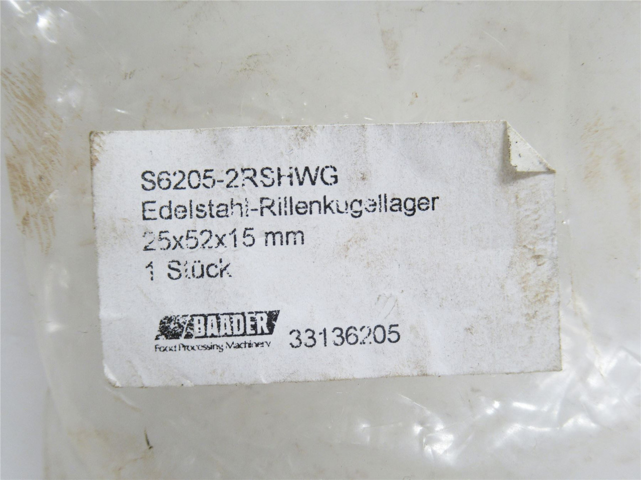 Baader S6205-2RSHWG; Food Grade Ball Bearing 25mmID x 52mmOD