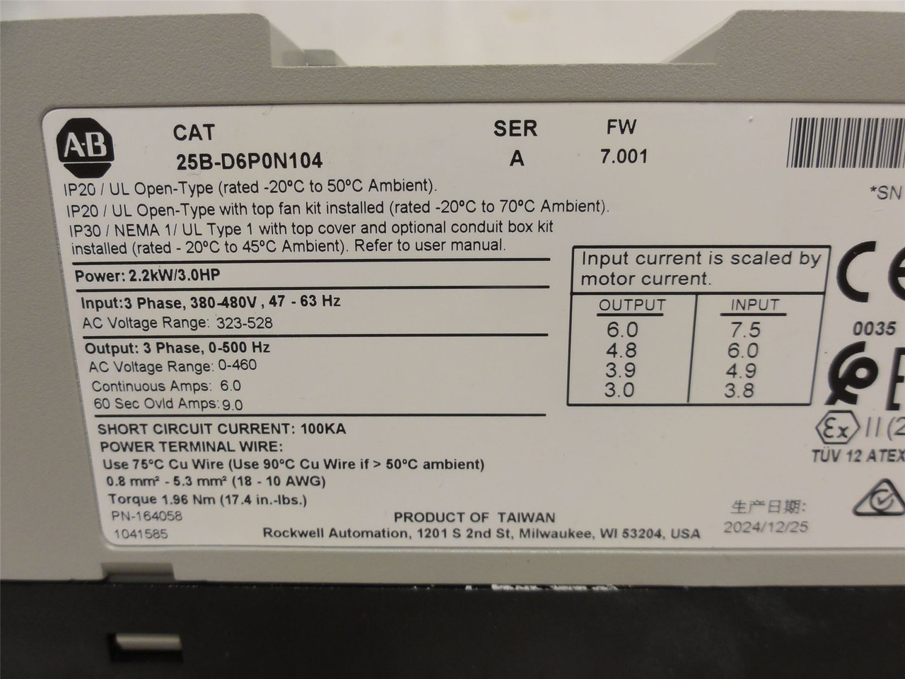 Allen-Bradley 25B-D6P0N104; AC Drive 3HP; 480VAC; 6A; 3-Phase