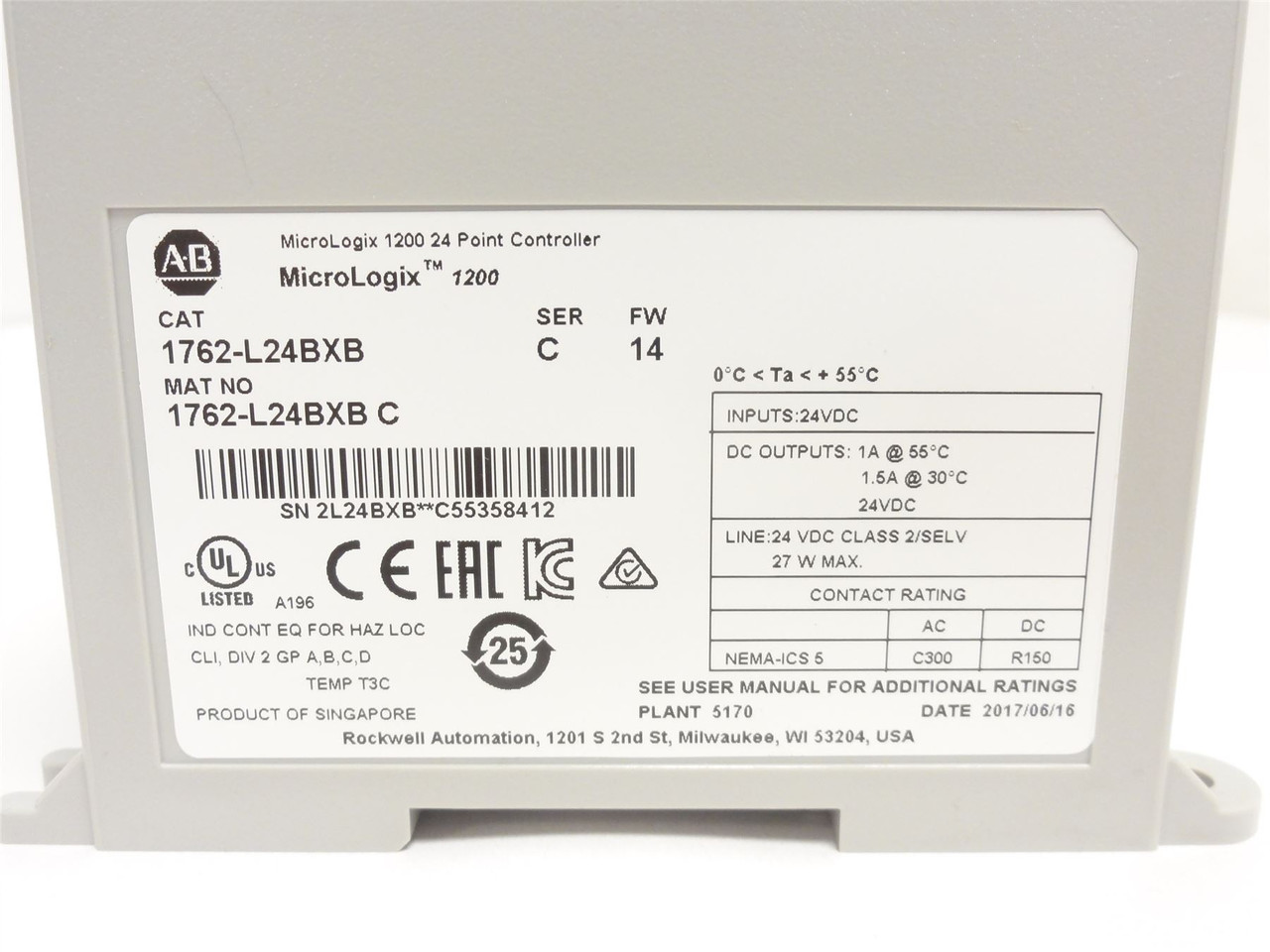 Allen-Bradley 1762-L24BXB; MicroLogix 1200 Controller; 24VDC