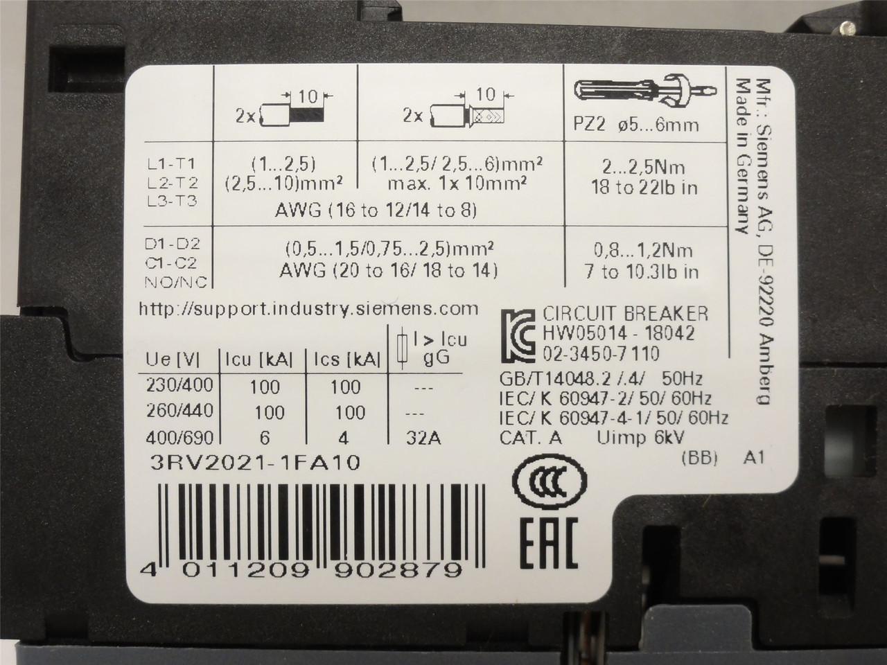 Siemens 3RV2021-1FA10; Motor Protector 3.5-5A; 3P; 600VAC