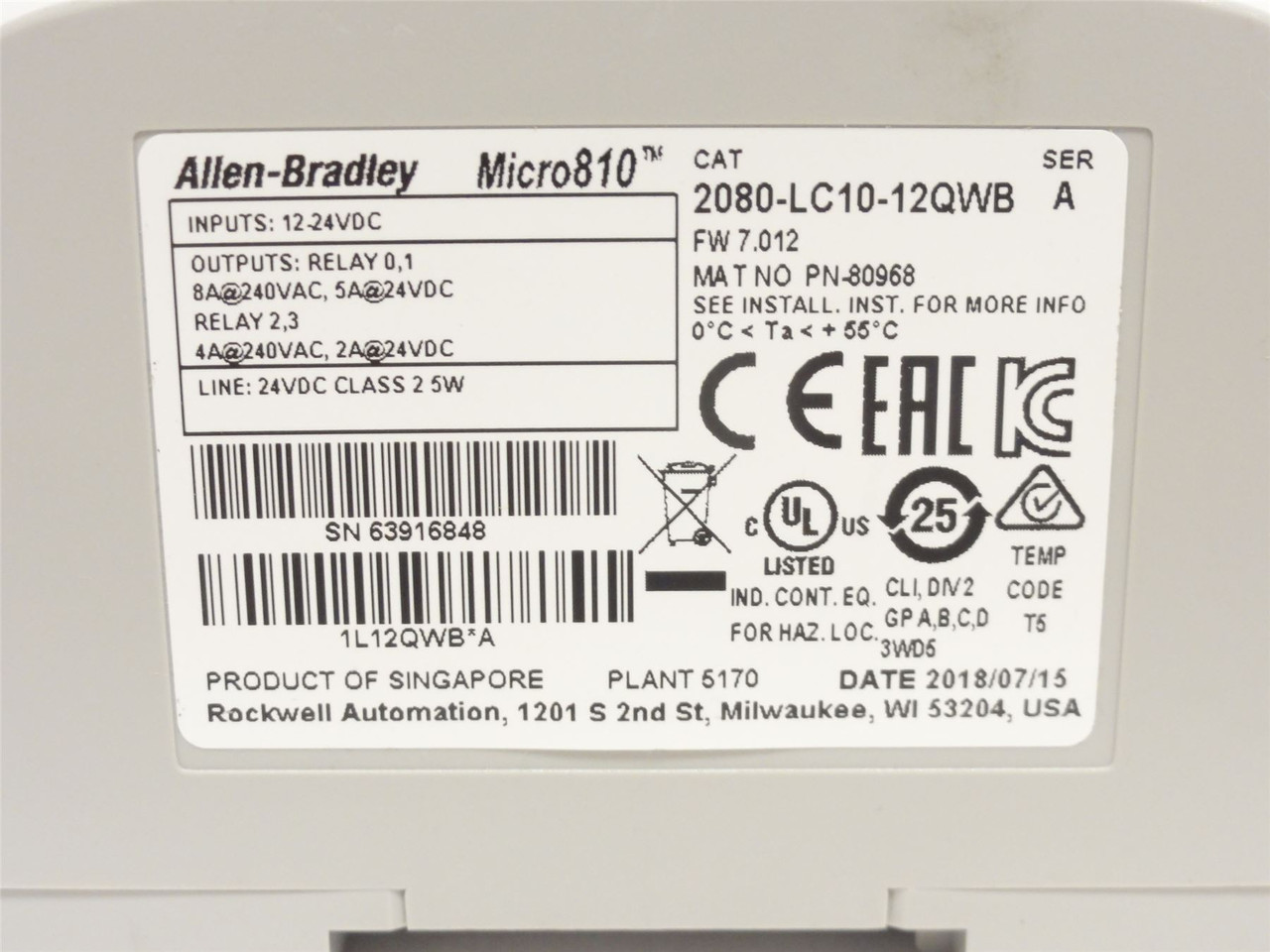 Allen-Bradley 2080-LC10-12QWB; Micro810 Controller; 12-24VDC