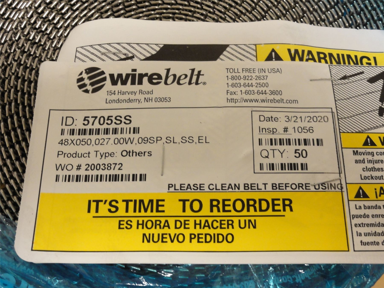 Wirebelt 5705SS; Wire Conveyor Belt; SS; 27" Width x 50' Long