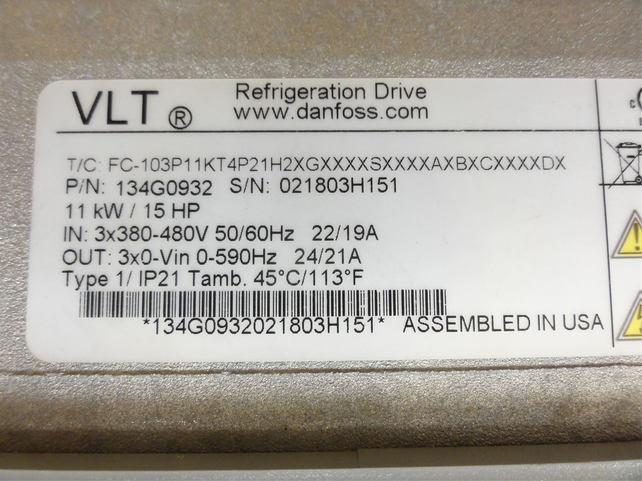 Danfoss 134G0932; VLT Refrigeration Drive 15HP 3x380-480VAC