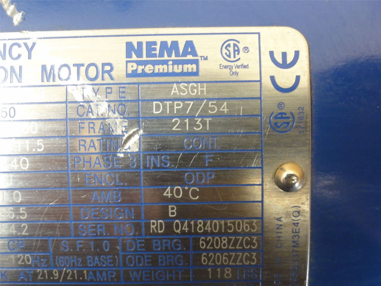 Westinghouse DTP7/54; AC Motor ASGH 7-1/2HP; 230/460V; 1755RPM
