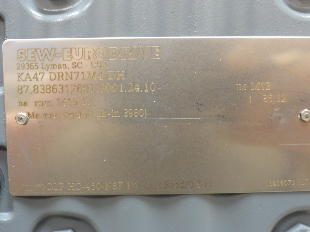 SEW KA47DRN71M4/DH; Gearmotor 85.12:1 Ratio 1/2HP; 380-415VAC