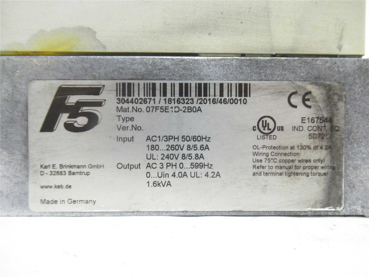 KEB 07F5E1D-2B0A; F5 AC Drive;  Input: 180-260V; 8/5.6A; 3PH