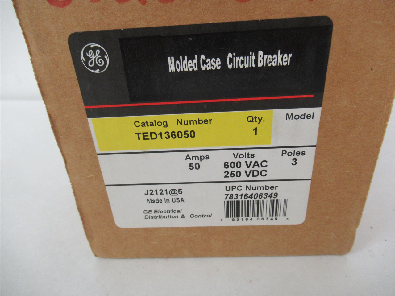 GE TED136050; Circuit Breaker Feed Thru 50 Amp 3Pole 600 Volt