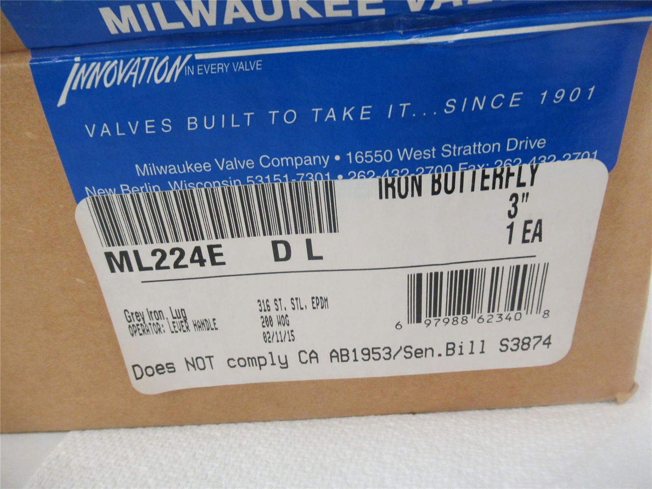 Milwaukee Valve ML224E3; Lug Style Butterfly Valve 3"