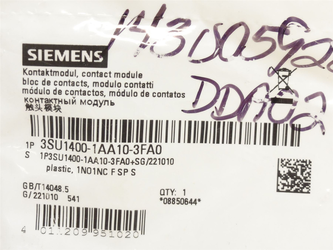 Siemens 3SU1400-1AA10-3FA0; Configurable Contact Block; 10A