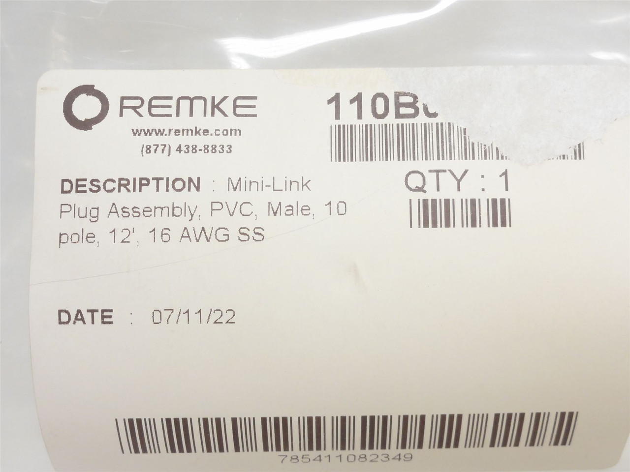 Remke 110B0120AT1; Mini-Link Plug Male; 10P; 12' Long; 600VAC