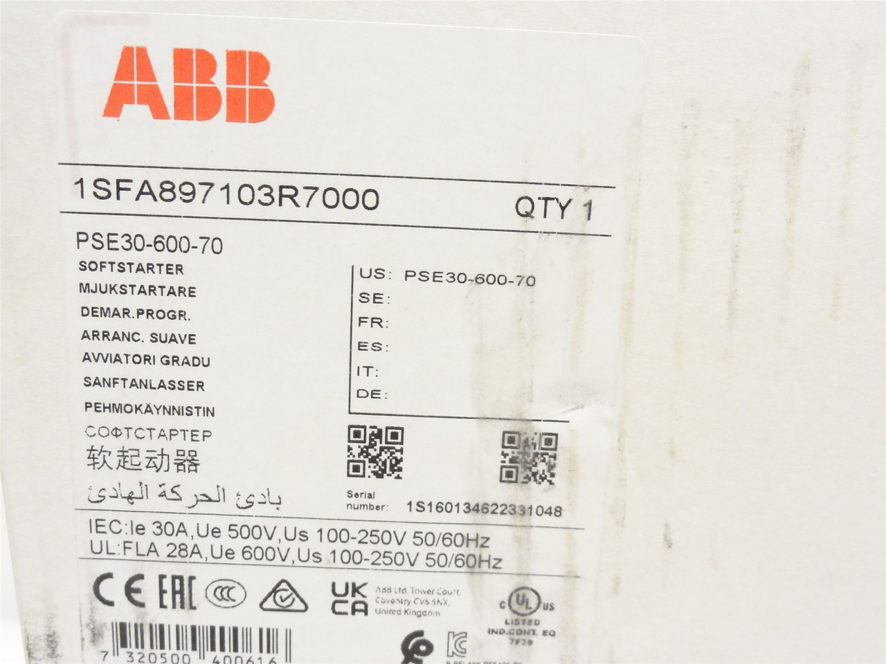 ABB 1SFA897103R7000; Soft Starter PSE30-600-70 100-250VAC 30A
