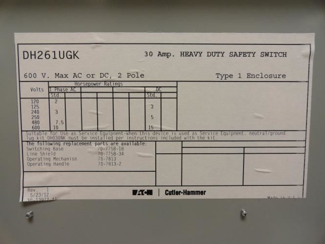 Eaton DH261UGK; Safety Switch; 30A; 2P; 600VAC