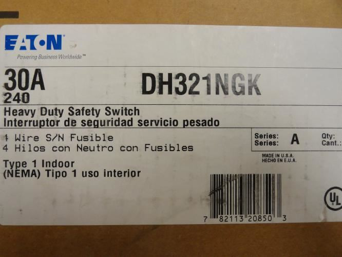 Eaton DH321NGK; Safety Switch; 30A; 3P; 3Hp@240VAC; 3PST