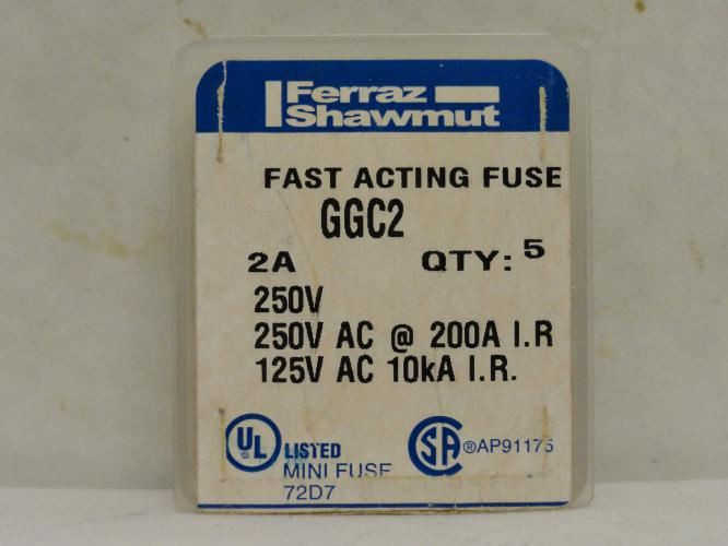 Ferraz GGC2; Box-5; Glass Fuses; 2A; 250V; 1-1/4" x 1/4"