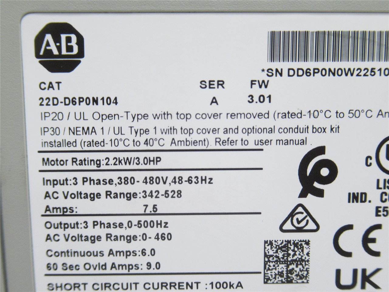 Allen-Bradley 22D-D6PON104; AC Drive; 3HP; 6A; 380-480V; 3Ph