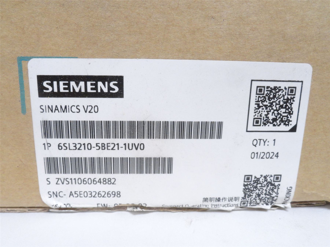 Siemens 6SL3210-5BE21-1UV0; AC Drive 1-1/2HP; 480VAC 3PH