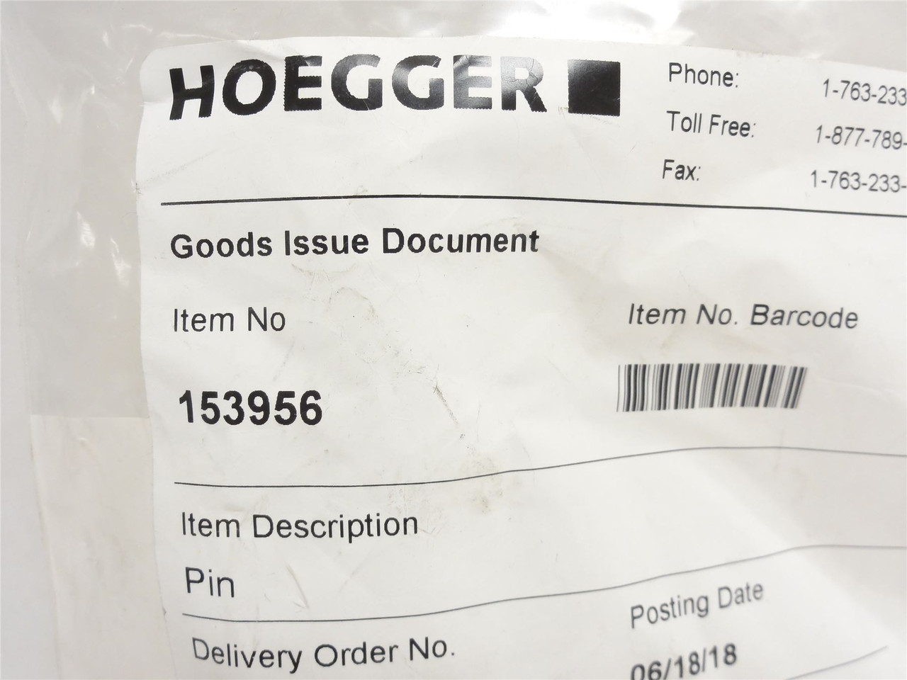 Hoegger 153956; Master Block Shear Pin; SS; 18mmOD; 8.5" Long
