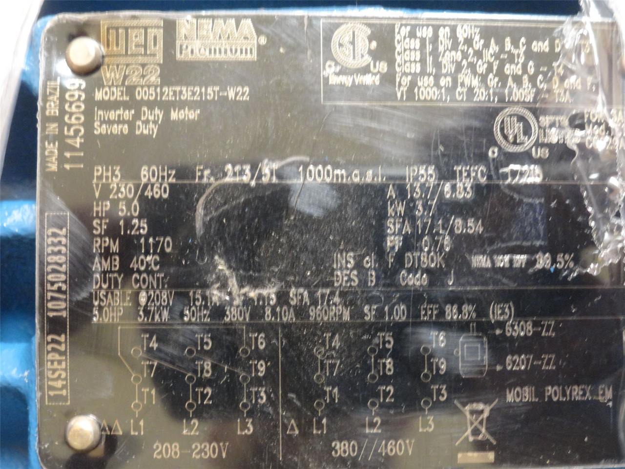 WEG 00512ET3E215T-W22; AC Motor 11456699; 5HP 1170RPM 230/460