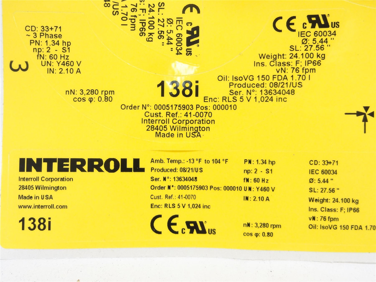 Interroll 138i; Drum Motor 27-3/4"W belt; 76fpm; 460V 3Ph