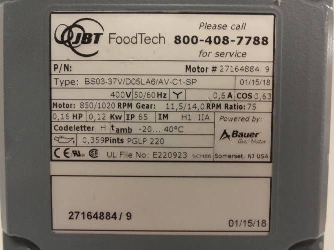 JBT 27164884/9; Gear Motor; 0.16HP; 400V; 0.6A; 50/60Hz; 0.12kW