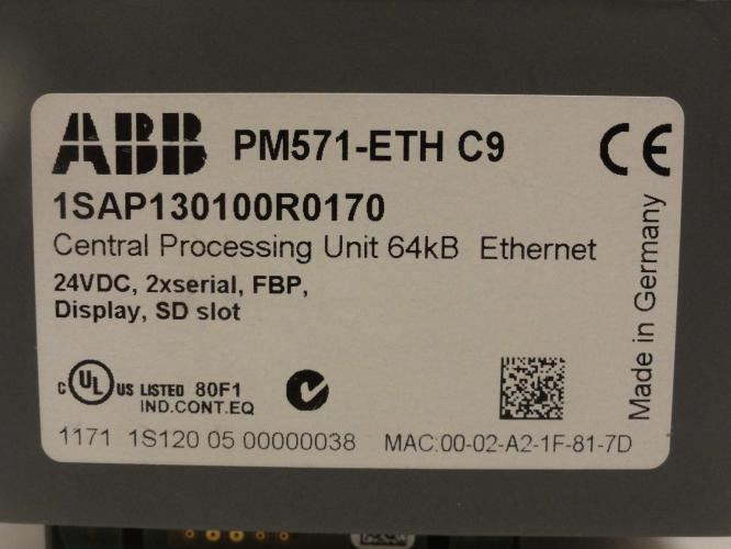 ABB 1SAP130100R0170; CPU; 64kB; 24VDC; PM571 ETH C9