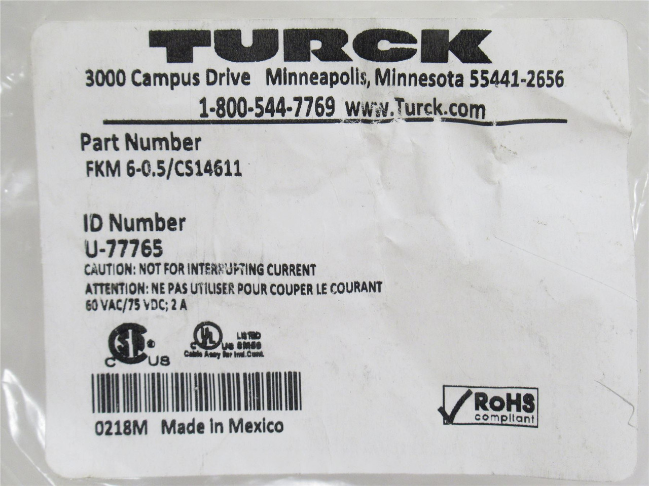 Turck U-77765; Female Receptacle FKM 6-0.5/CS14611