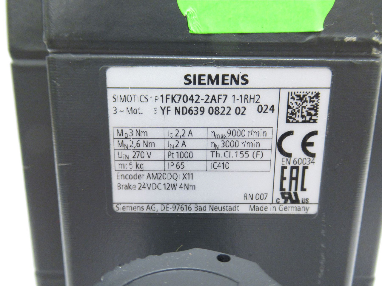 Siemens 1FK7042-2AF7; Synchronous Motor 270V 9000RPM; 3 Phase