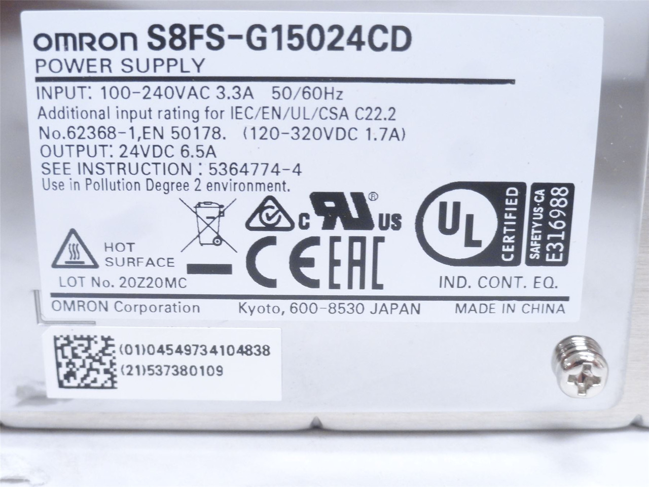 Omron S8FS-G15024CD; Power Supply 100-240VAC In; 24VDC Out