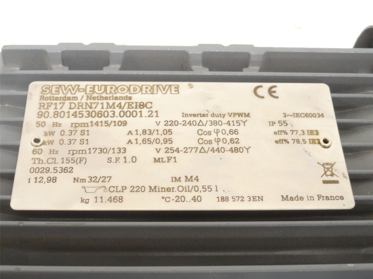 SEW RF17DRN71M4/E18C; AC Gear Motor 13:1 Ratio 0.67kW 480VAC
