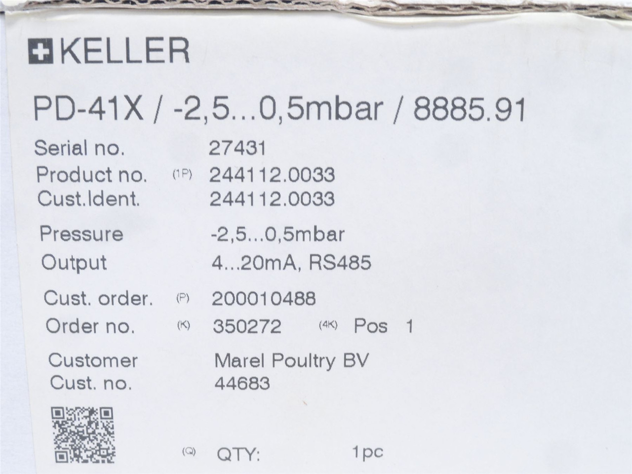 Keller PD-41X 244112.0033; Differential Pressure Transmitter