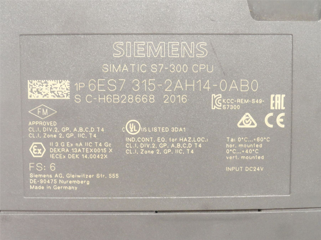 Siemens 6ES7-315-2AH14-0ABO; CPU Module S7-300; 384KB RAM