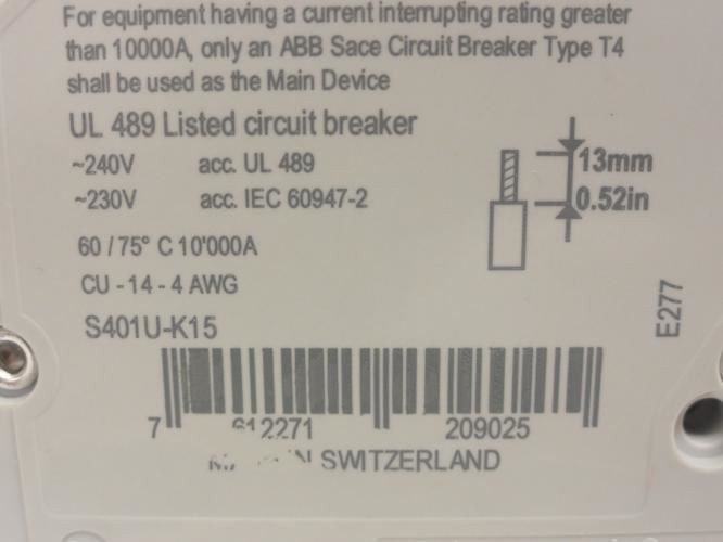 ABB S401U-K15; Mini-Circuit Breaker; 15A; 1P; 240/240V