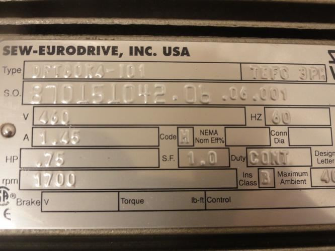 SEW KT47TDT80K4-I01; Gearmotor 3/4Hp; 29.32:1 Ratio; 460V