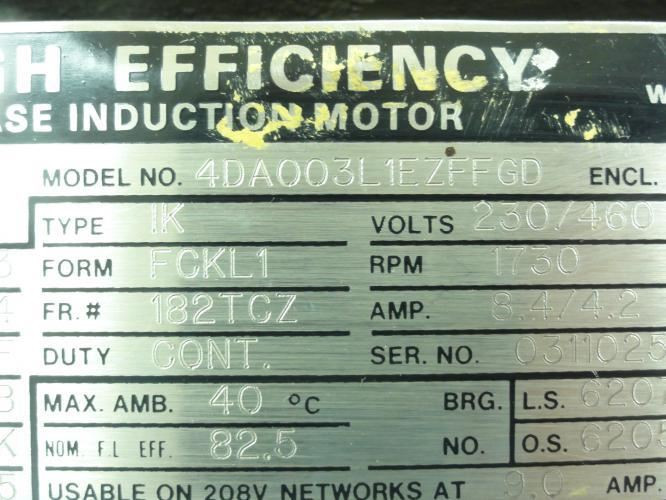 Toshiba 4DA003L1EZFFGD; AC Motor; 3Hp; 4P; 230/460V; 1730Rpm