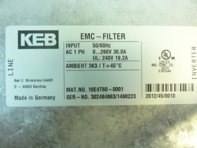 KEB 10E4T60-0001; EMC-Filter; In: 1PH; 0-260V/30A; 240V/19.2A