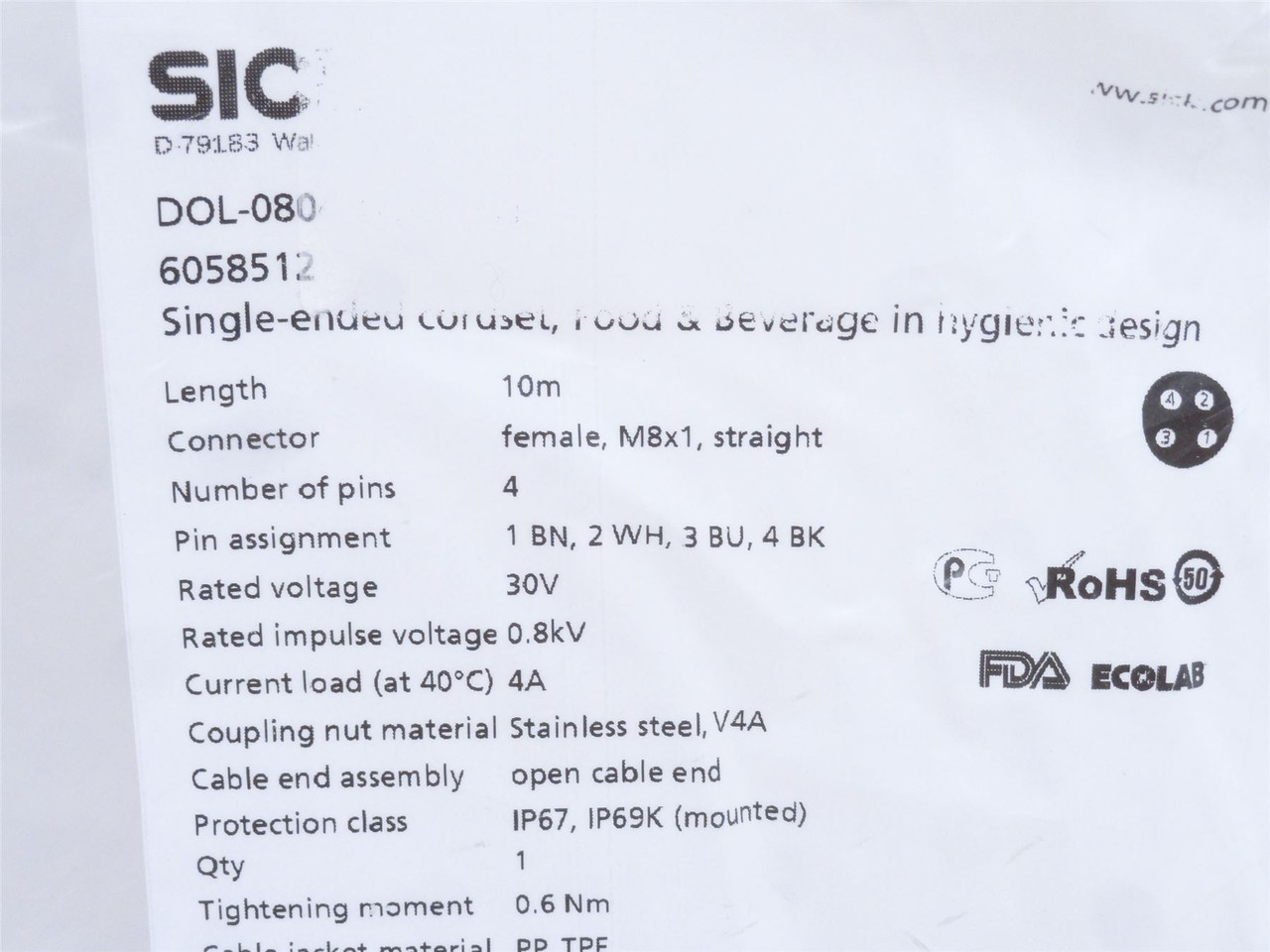SICK DOL-080-4-G10MRN; Actuator Connector Cable 6058512
