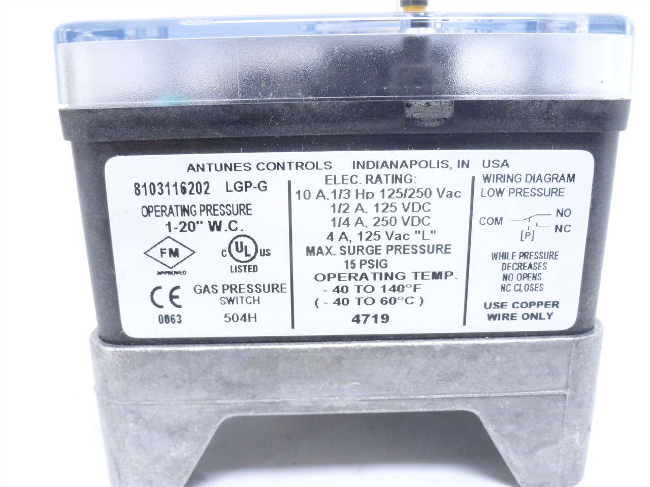 Antunes 8103116202; Gas Pressure Switch 1 – 20" W.C.