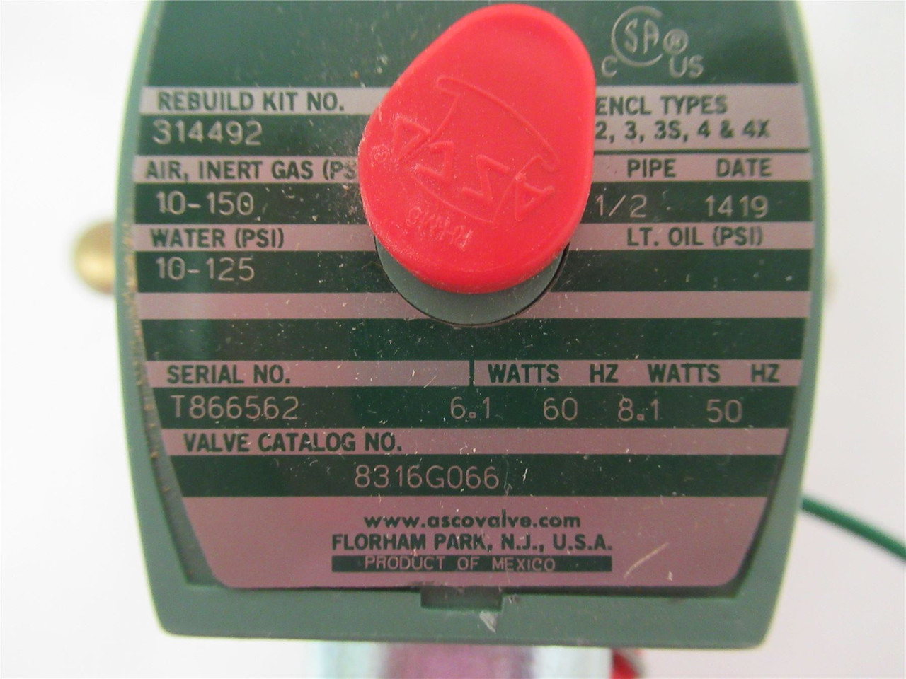 Asco 8316G066; Solenoid Valve 3-way 1/2" NPT 120/110VAC