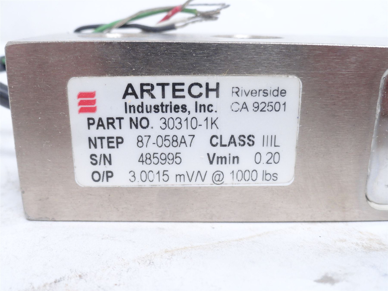 Artech 30310-1K; Shear Beam Load Cell; 1000LBS; 3mV/V