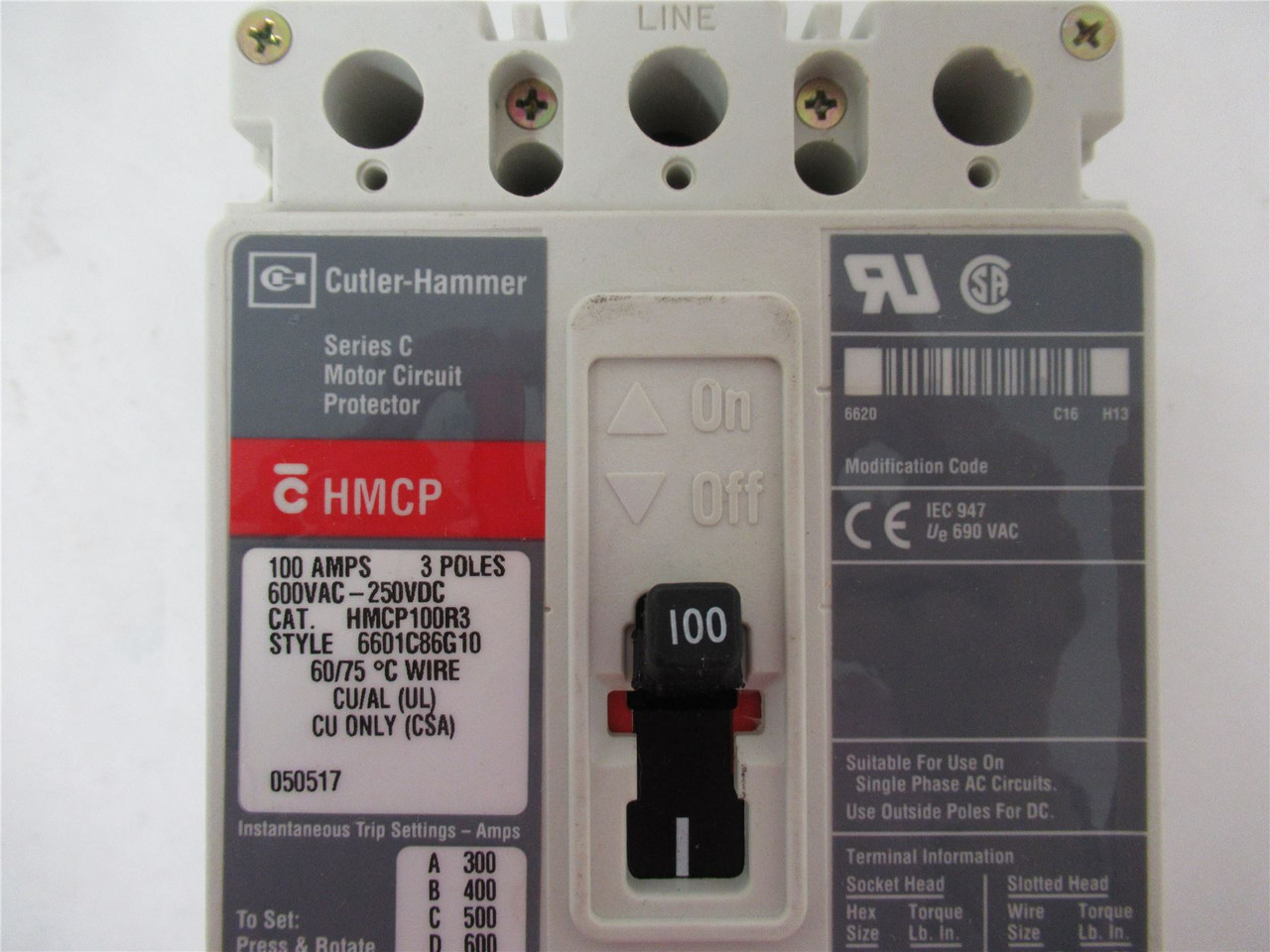 Cutler-Hammer HMCP100R3; Circuit Breaker 100Amp 3 Pole 600VAC