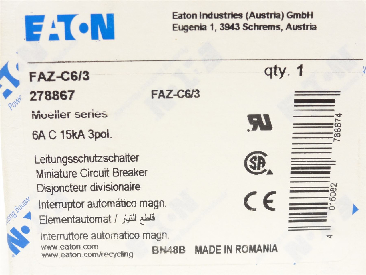 Eaton FAZ-C6/3; Mini-Circuit Breaker; 6A; 3P; 277/480VAC
