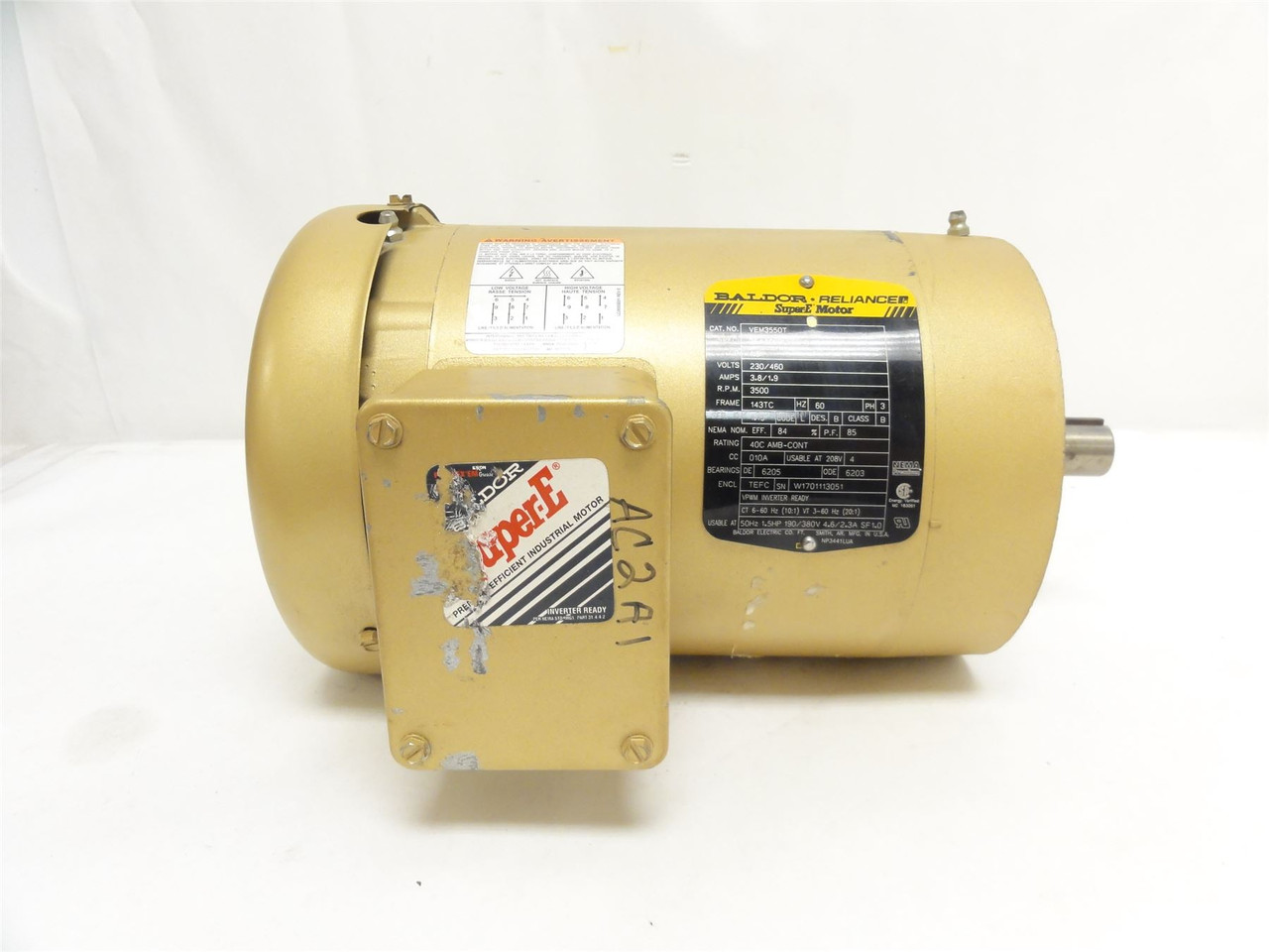 Baldor VEM3550T; AC Motor; 1-1/2HP; 230/460V; 3500RPM; 3PH