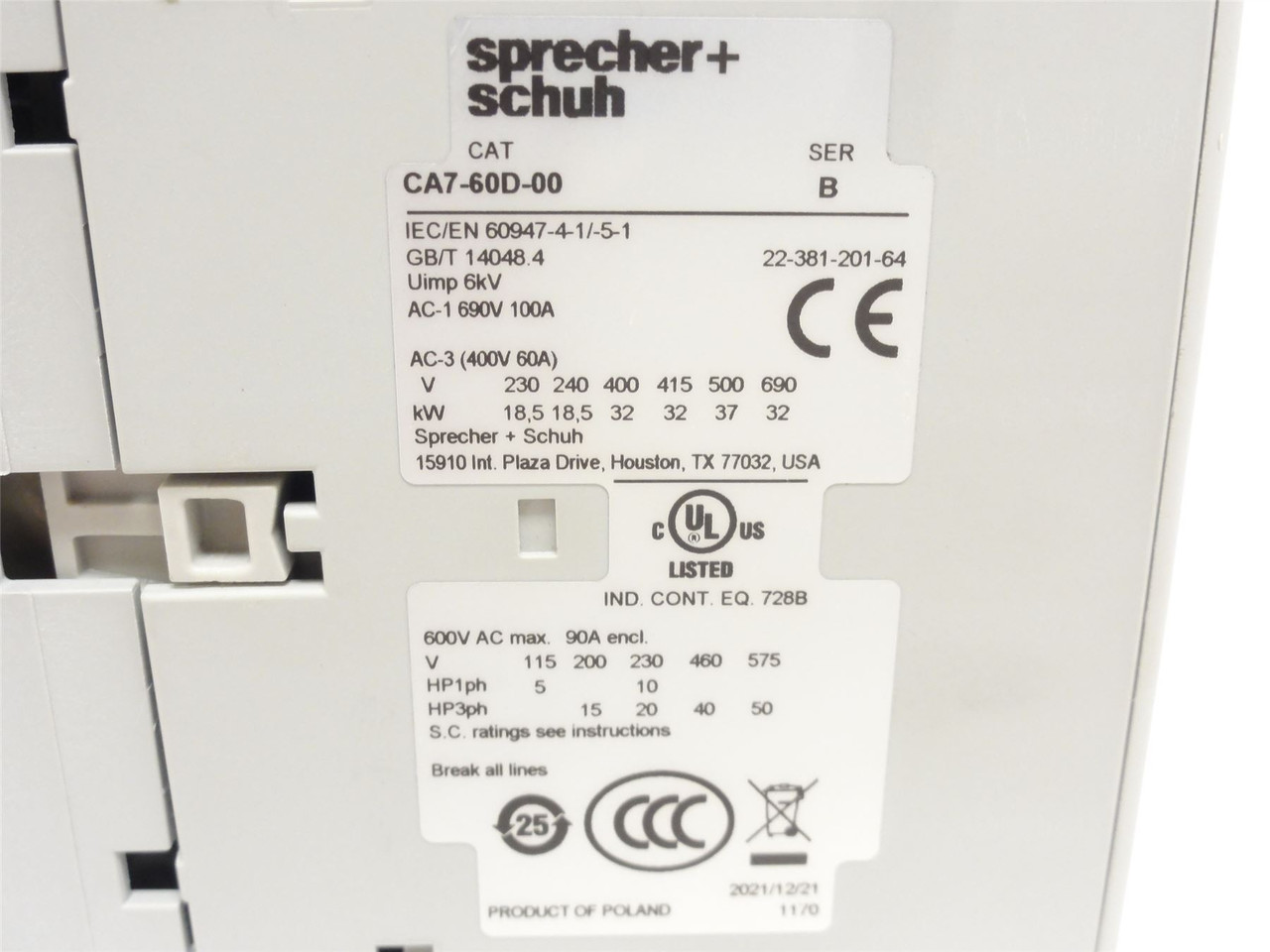 sprecher+schuh CA7-60D-00-24DD; Contactor 60A 690V; Coil 24VDC