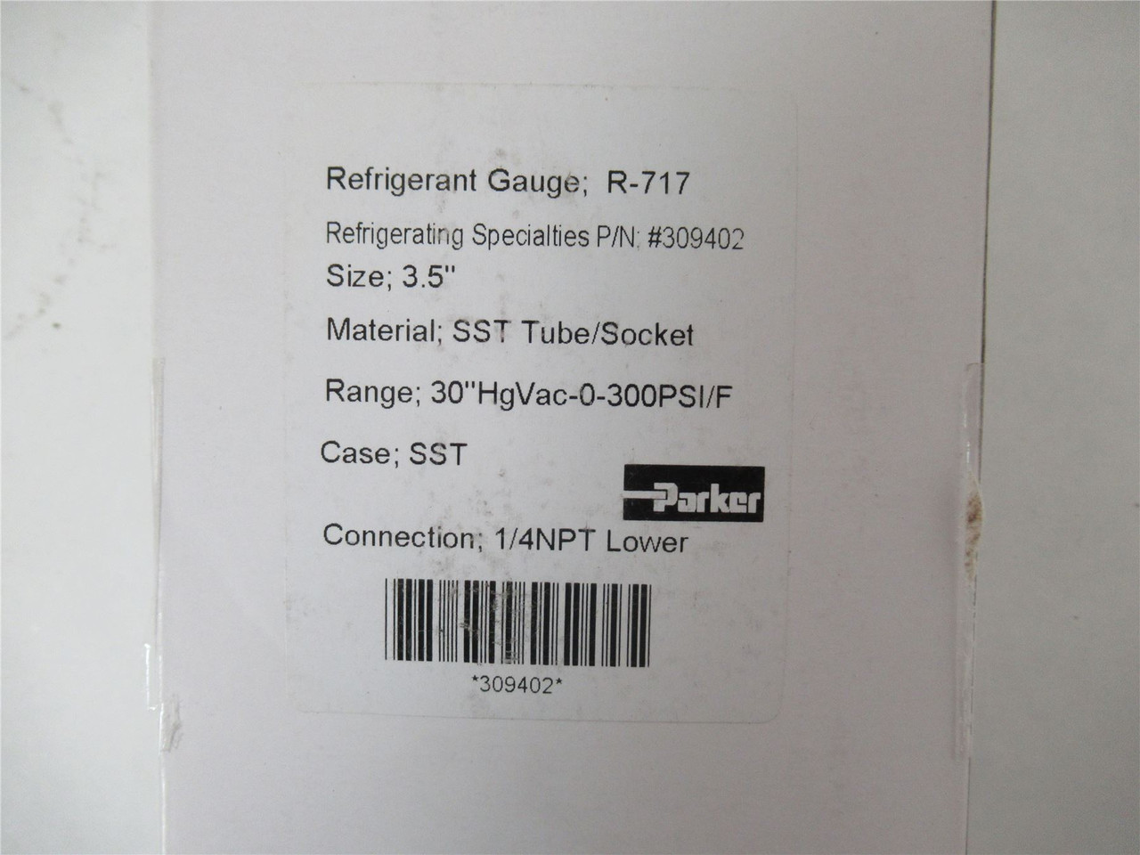 Parker 309402; Refrig Gauge 30-300PSI R717 1/4"NPT3D 3.5" Sz
